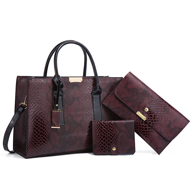 2022 wholesale red snake pattern women hand bags set shoulder tote 3pcs purse ladies handbag