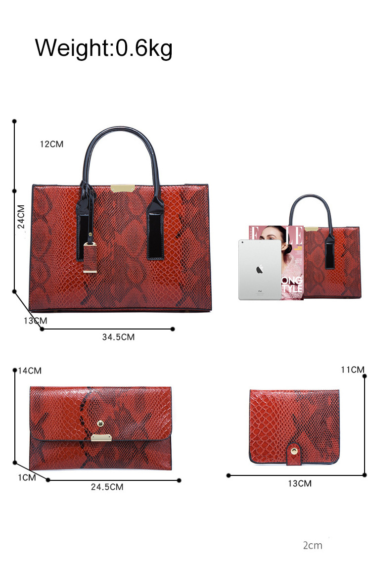 2022 wholesale red snake pattern women hand bags set shoulder tote 3pcs purse ladies handbag