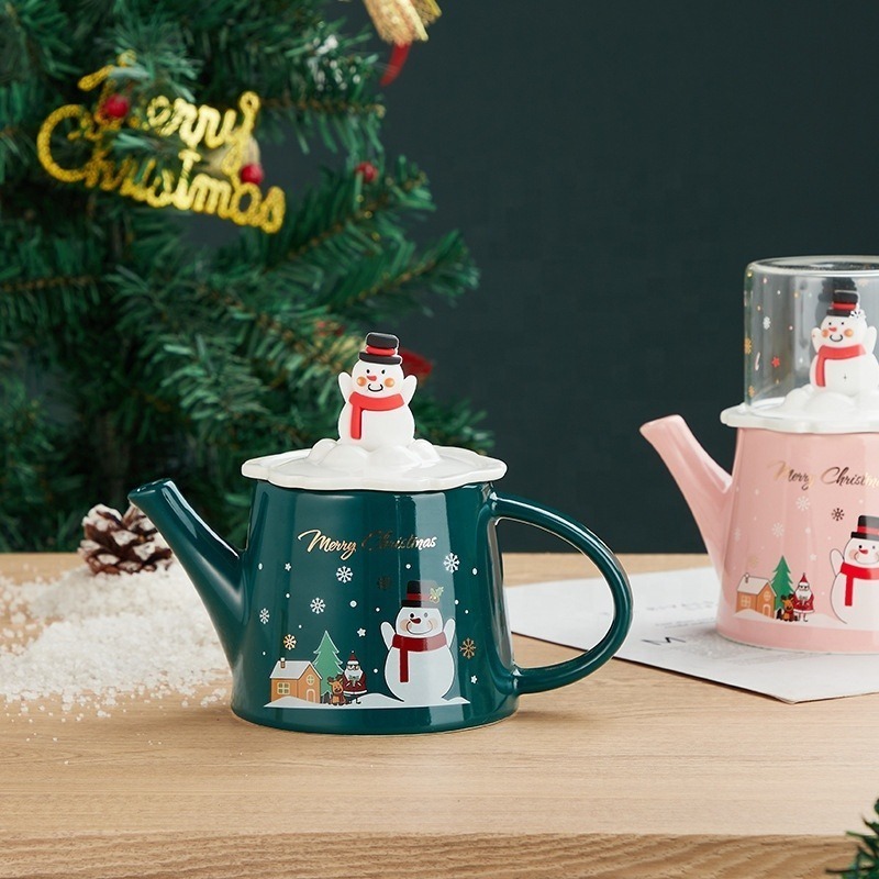 Christmas Snowman Porcelain Kettle with Glass Tea Cup Set Nordic Cartoon Teapot Gift Set Wholesale Souvenir