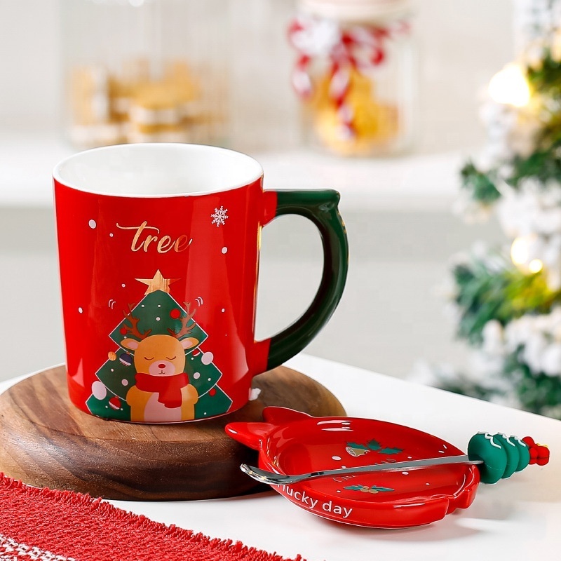 Snowman Decal Logo Fine Porcelain Gift Set Christmas Themed Mug with Xmas Tree Spoon