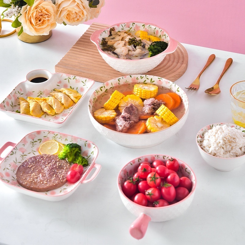 Flower Ceramic Plates and Dishes Baking Display Tray Porcelain Salad Ramen Soup Bowls Dinnerware Set Kitchen & Tabletop