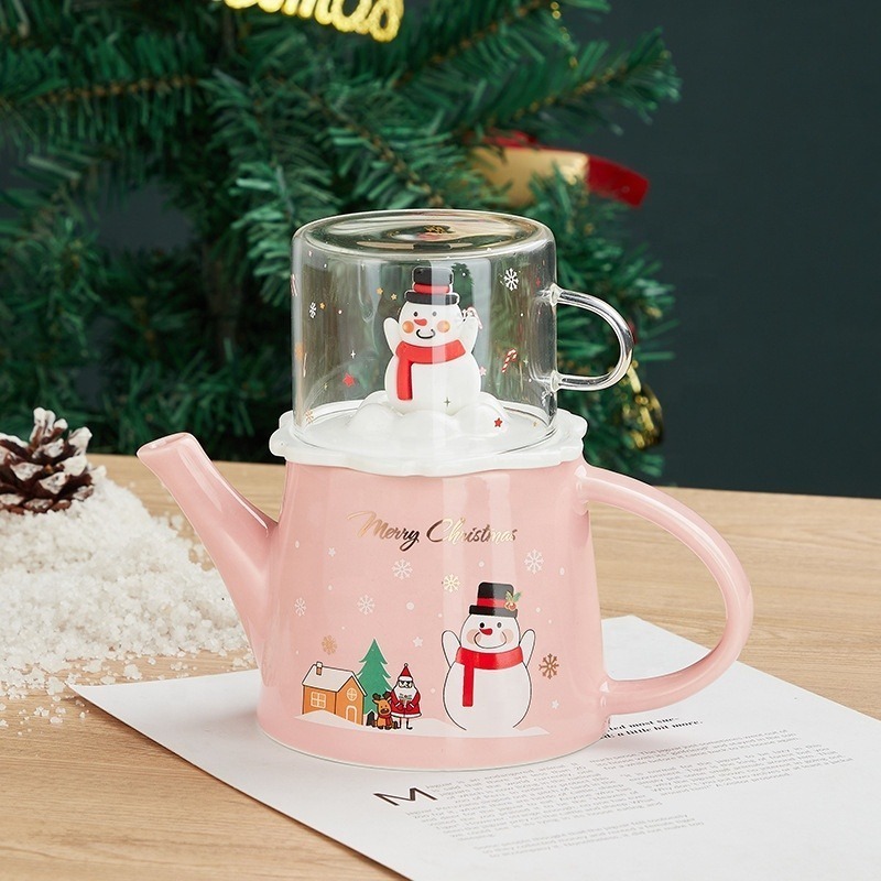 Christmas Snowman Porcelain Kettle with Glass Tea Cup Set Nordic Cartoon Teapot Gift Set Wholesale Souvenir