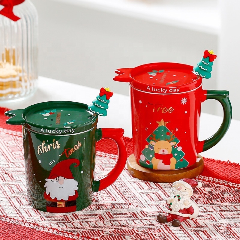 Snowman Decal Logo Fine Porcelain Gift Set Christmas Themed Mug with Xmas Tree Spoon