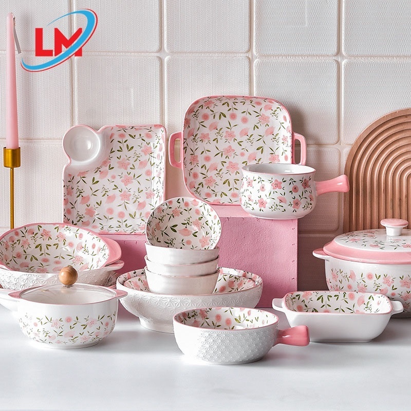 Flower Ceramic Plates and Dishes Baking Display Tray Porcelain Salad Ramen Soup Bowls Dinnerware Set Kitchen & Tabletop