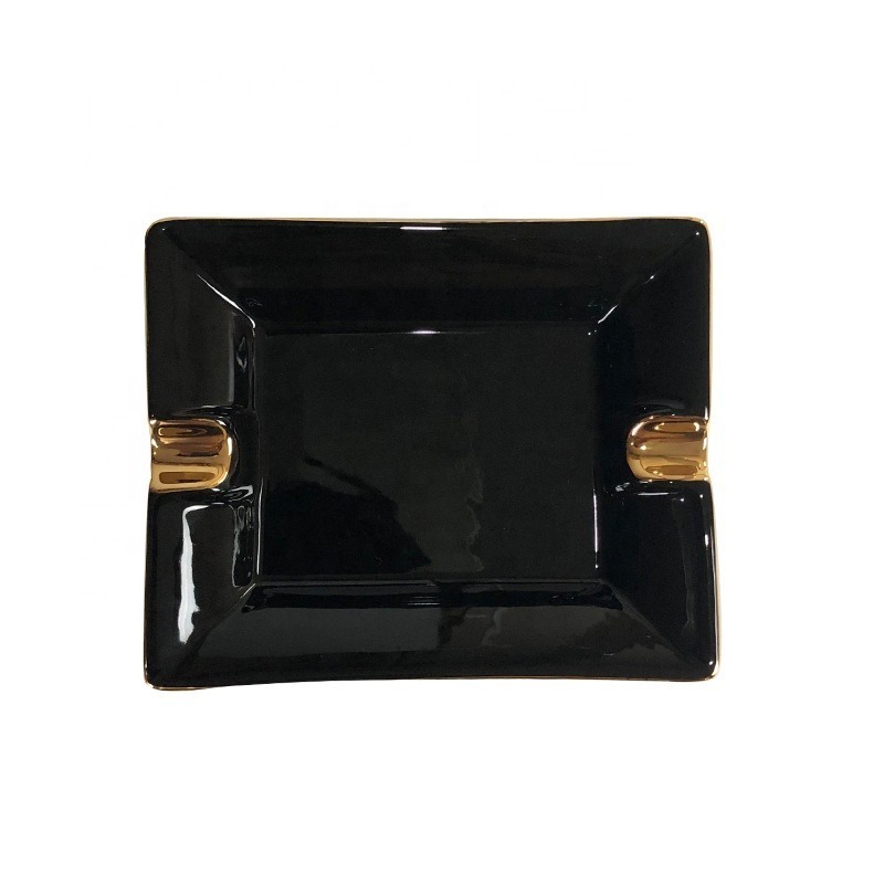 Nordic Square Gold Rim Designs Porcelain Cigarette Custom Logo Cigar Smoking Hotel Large Black Ceramic Ashtray