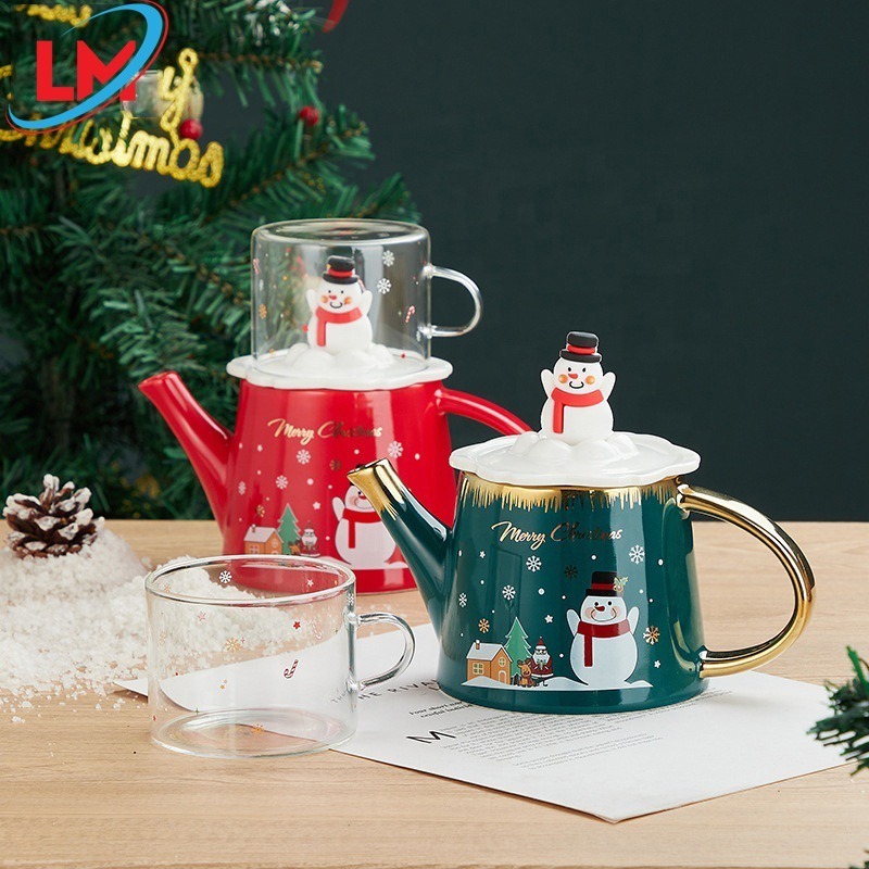 Christmas Snowman Porcelain Kettle with Glass Tea Cup Set Nordic Cartoon Teapot Gift Set Wholesale Souvenir