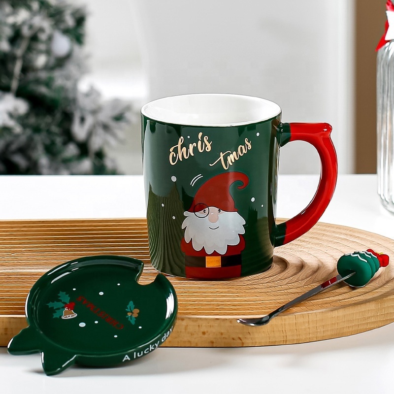 Snowman Decal Logo Fine Porcelain Gift Set Christmas Themed Mug with Xmas Tree Spoon