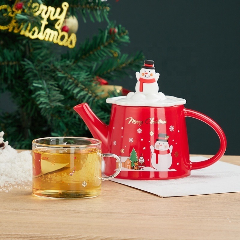 Christmas Snowman Porcelain Kettle with Glass Tea Cup Set Nordic Cartoon Teapot Gift Set Wholesale Souvenir