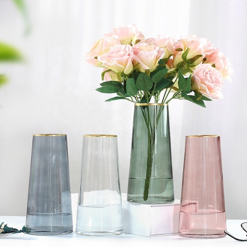 Rim Creative Rose Flower Vase Bottle Home Decoration Ornament Nordic Glass with Gold Tabletop Vase Morden Luxury All-season Cup