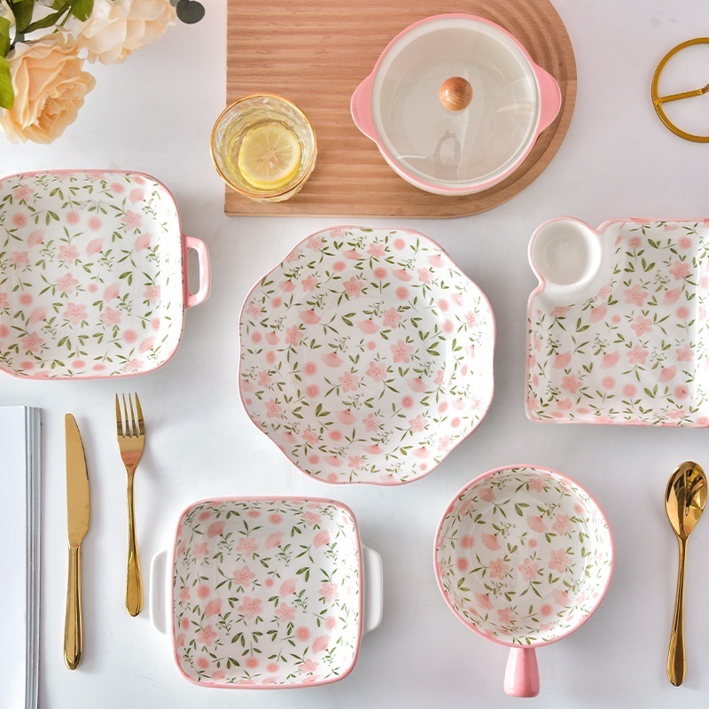 Flower Ceramic Plates and Dishes Baking Display Tray Porcelain Salad Ramen Soup Bowls Dinnerware Set Kitchen & Tabletop