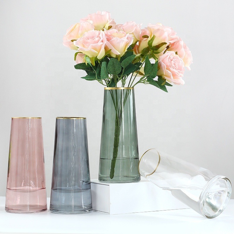 Rim Creative Rose Flower Vase Bottle Home Decoration Ornament Nordic Glass with Gold Tabletop Vase Morden Luxury All-season Cup