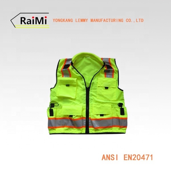 Multi pocket work vest mens workwear ANSI class 2 fluorescent suits surveyor reflective safety vest