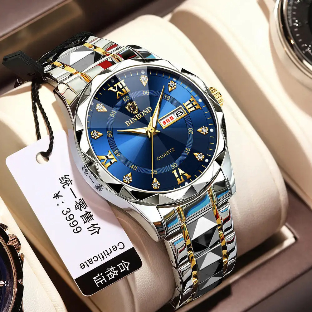 BINBOND Luminous 2521  quartz waterproof  fashion watch for men date stainless steel watches wrist