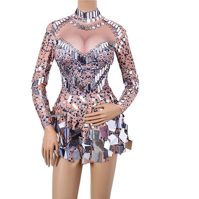 Fashion Nude Mirror Sequins Sparkly Party Dress Women Stage Costume Sexy Nightclub Dancing Dress Showgirl Performance Wear