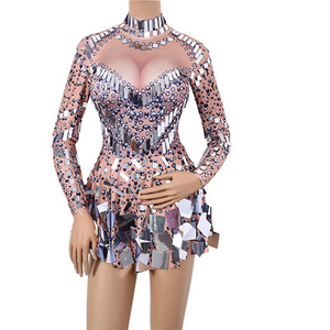 Fashion Nude Mirror Sequins Sparkly Party Dress Women Stage Costume Sexy Nightclub Dancing Dress Showgirl Performance Wear