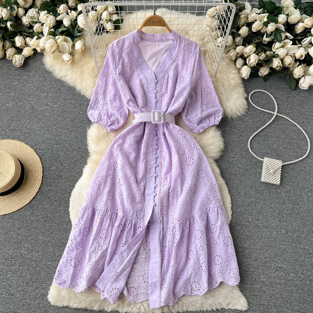 Premium V-neck Hollow Women's Bubble Sleeve New Loose Embroidered Lightly Mature Tight Waist Slimming Flounce Long Casual Dress