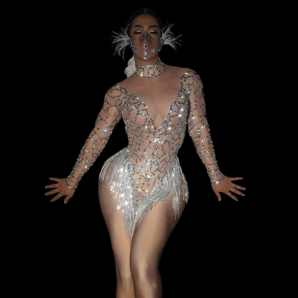 Sexy Skin Nude Mesh See Through Fringes Crystal Leotard Women Club Rhinestone Tassel Dance Bodysuit Stage Performance Costumes