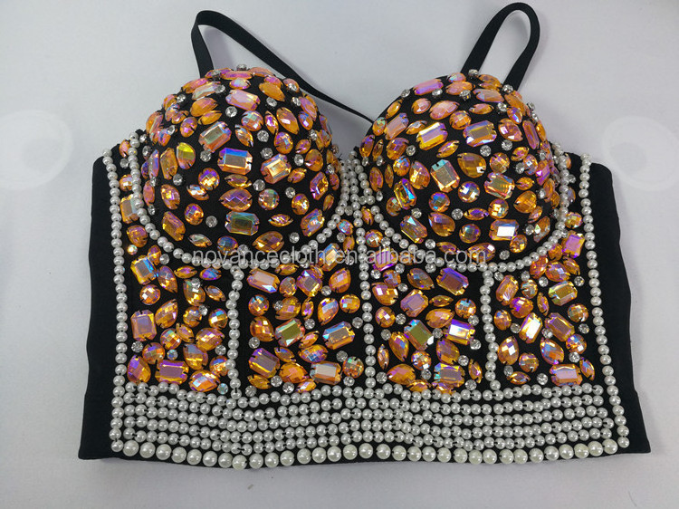 2022 new trends Orange Laser Diamond Pearl Stage Costume underwear women rhinestone bra sexy summer suspenders