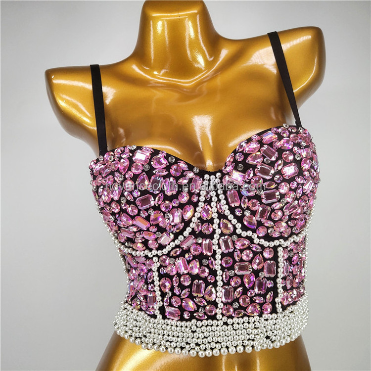 2022 new trends Orange Laser Diamond Pearl Stage Costume underwear women rhinestone bra sexy summer suspenders