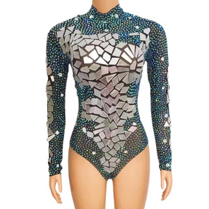 Mono Mujer Sparkly Mesh Sequin Rhinestone Pole Dance Leotard Stage Costume Short Jumpsuit For Woman Bodycon One Piece Bodysuit