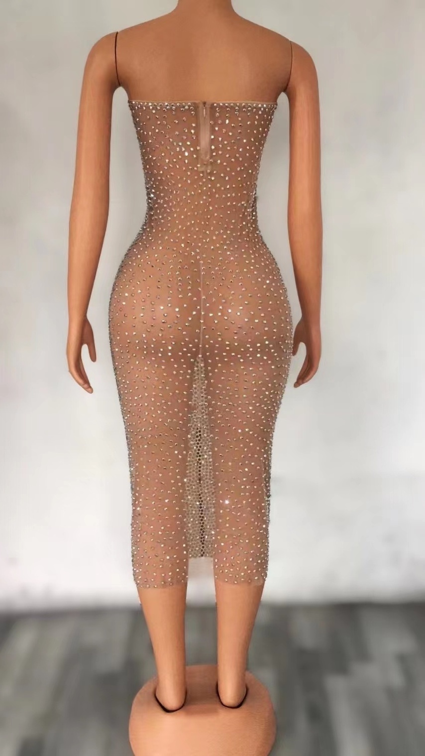 Sexy Mesh See Through Strapless Crystal Rhinestone Formal Birthday Party Dinner Gown Women Prom Long Dress Evening Club Dress