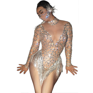 Sexy Skin Nude Mesh See Through Fringes Crystal Leotard Women Club Rhinestone Tassel Dance Bodysuit Stage Performance Costumes