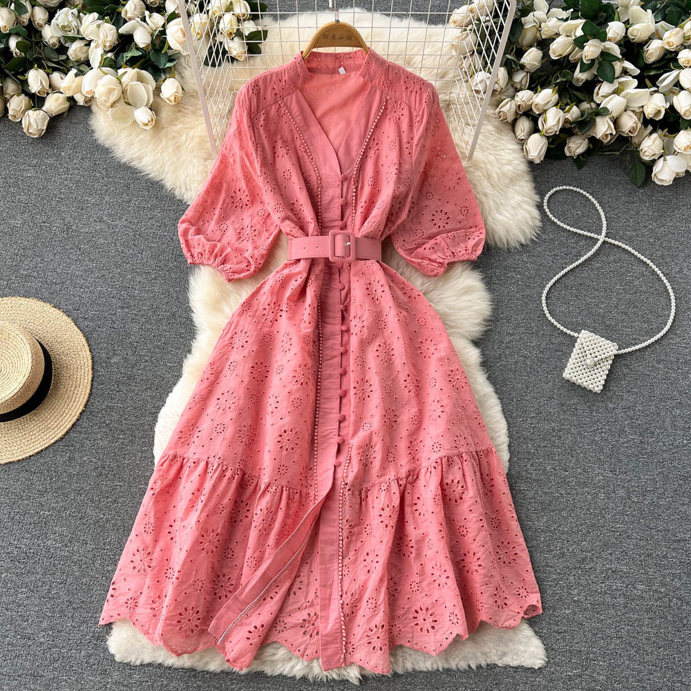 Premium V-neck Hollow Women's Bubble Sleeve New Loose Embroidered Lightly Mature Tight Waist Slimming Flounce Long Casual Dress