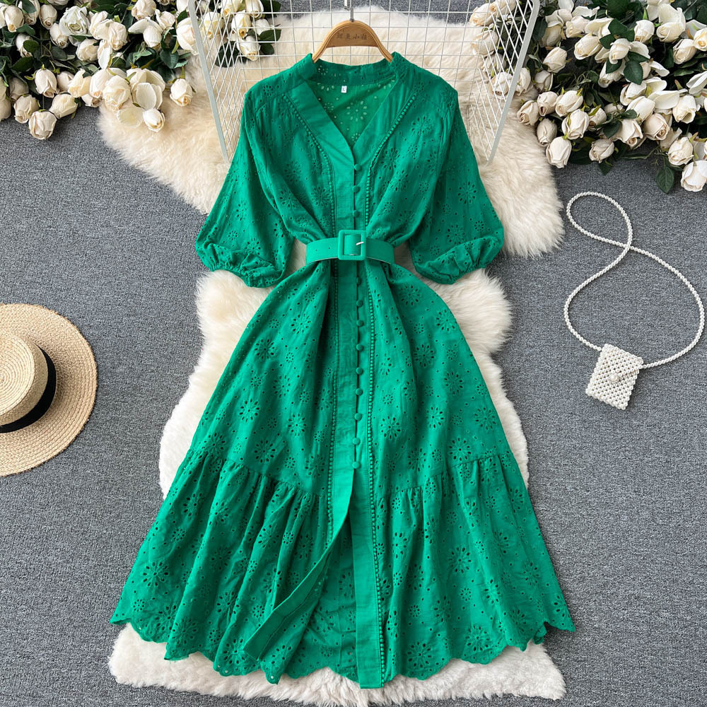 Premium V-neck Hollow Women's Bubble Sleeve New Loose Embroidered Lightly Mature Tight Waist Slimming Flounce Long Casual Dress