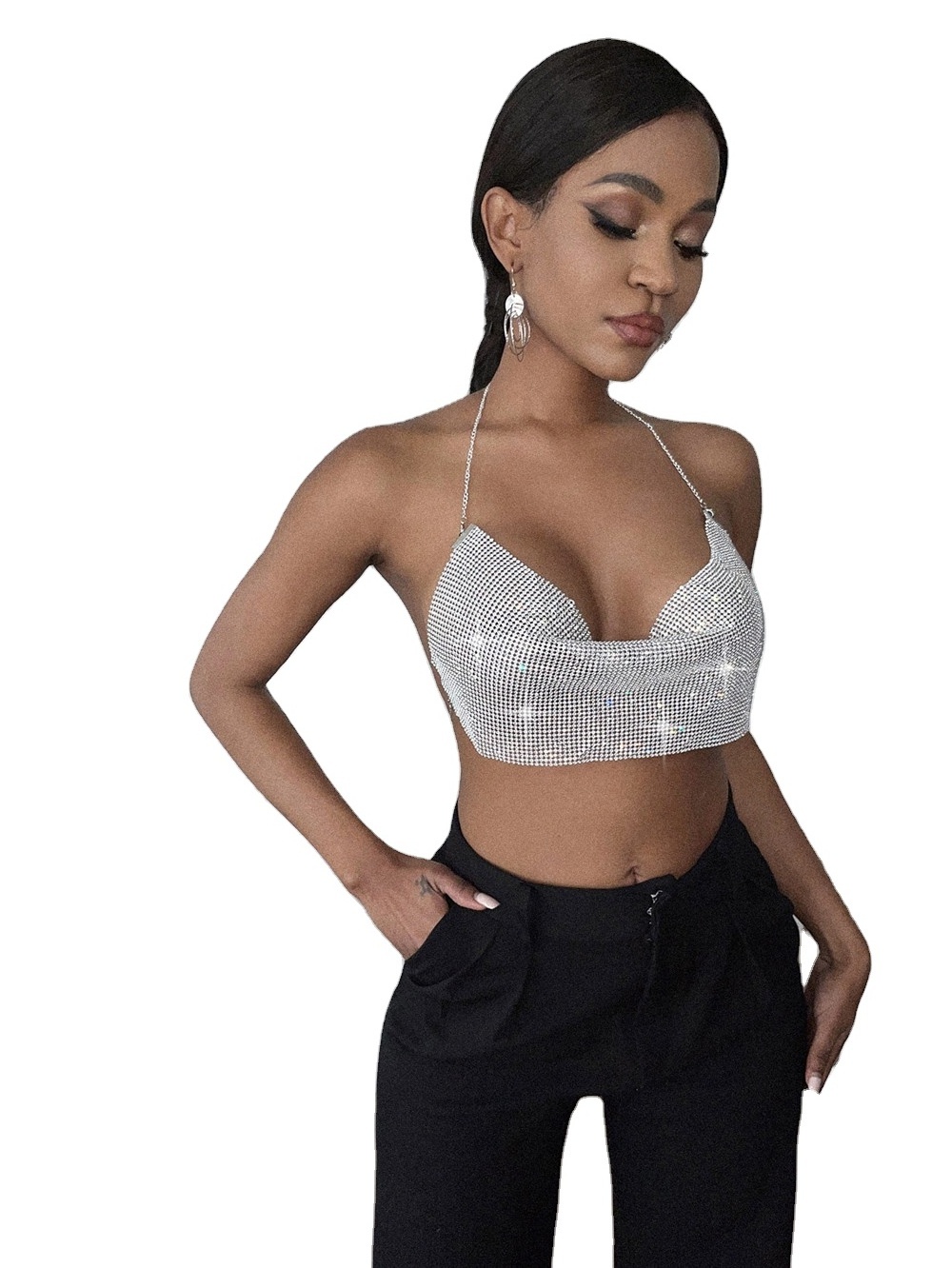 2021 women fashion big boob sexy crystal party tube crop top