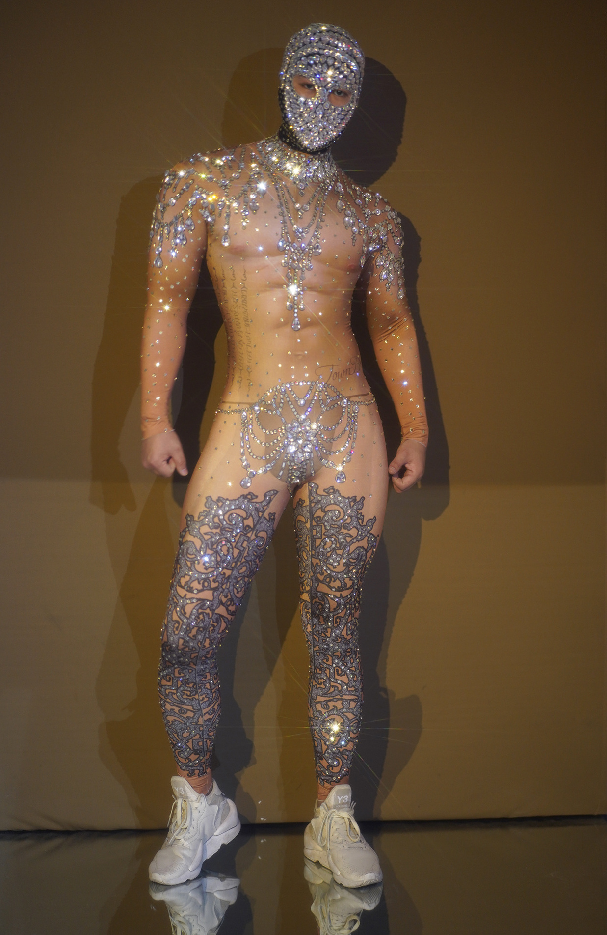 Sparkly Nude Rhinestones Crystal Headgear Bodycon Jumpsuits For Men Stripper Club Pole Dance Stage Costume Performance Wear