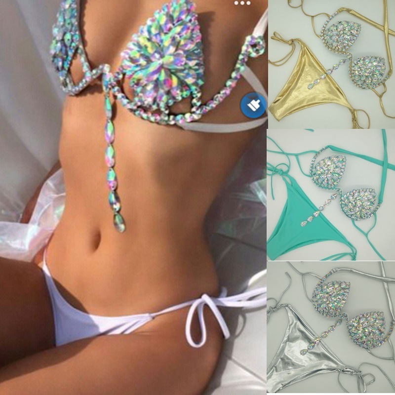 Wholesale Crystal Swimwear Designer Mature Woman Luxury Bikini Set Halter Diamond Swimsuit for Party Nightclub