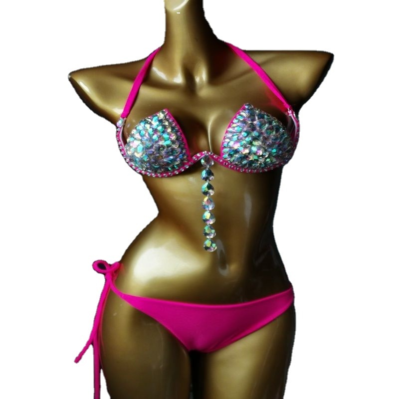 Wholesale Crystal Swimwear Designer Mature Woman Luxury Bikini Set Halter Diamond Swimsuit for Party Nightclub