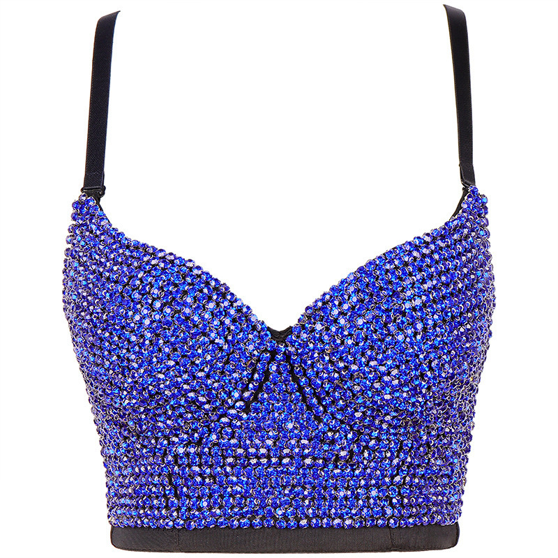 Christmas Colorful Full Beaded Spaghetti Straps Outerwear Starry Rhinestone Shiny Shaping Vest Navel-Exposed Stage Top Bra