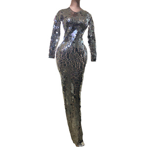 Sparkling Silver Full Sequin Birthday Prom Bodycon Dress Women Sexy Long Evening Dresses Stage Costumes Wedding Party Dress