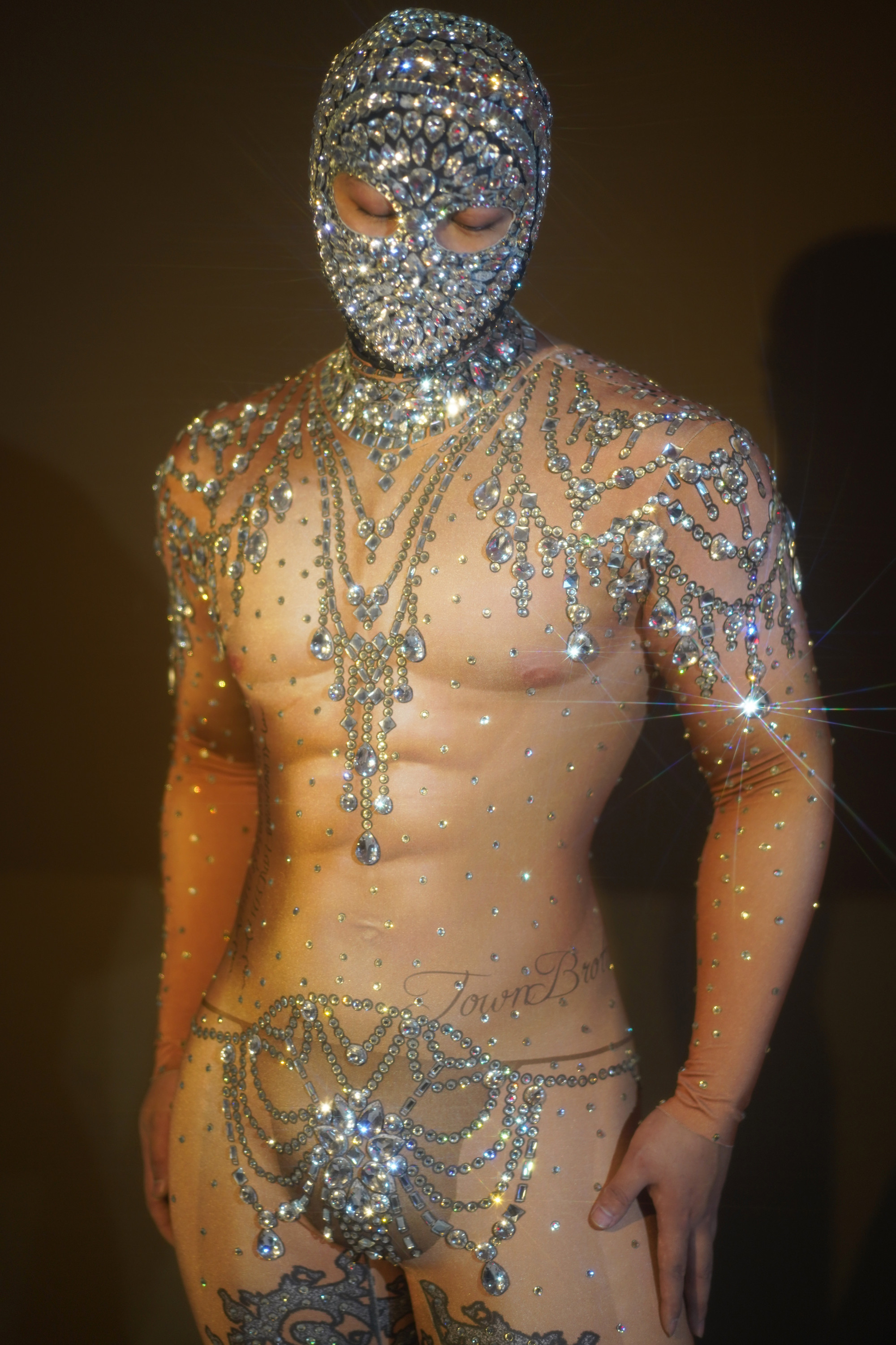 Sparkly Nude Rhinestones Crystal Headgear Bodycon Jumpsuits For Men Stripper Club Pole Dance Stage Costume Performance Wear