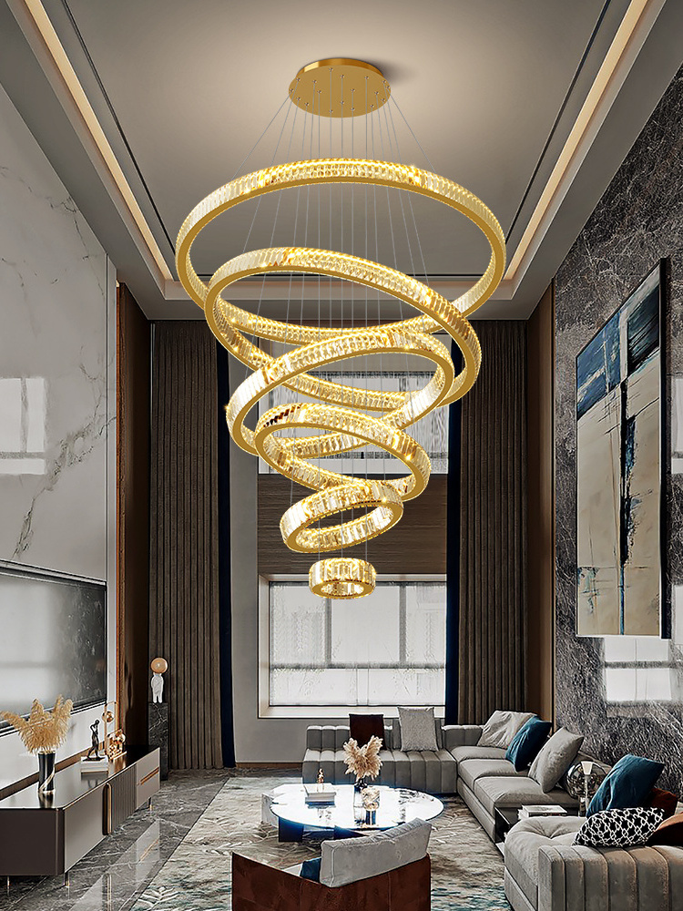 Luxury Modern Ring Crystal LED Chandelier Large Stair Hanging Lamp Home Decoration Fixtures Living Room Decor Ceiling Lights