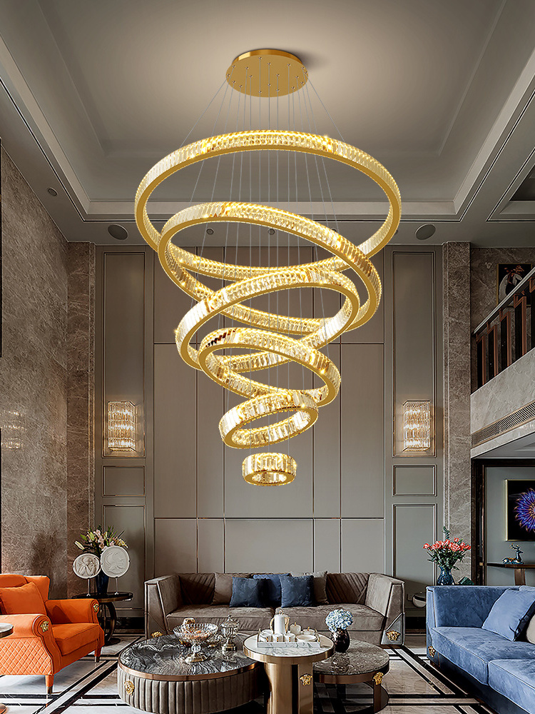 Luxury Modern Ring Crystal LED Chandelier Large Stair Hanging Lamp Home Decoration Fixtures Living Room Decor Ceiling Lights