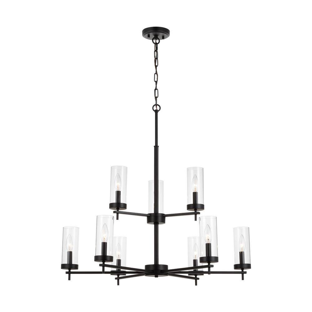 9-Lights Midnight Black Modern Candlestick Chandelier with Clear Glass Shades and Candelabra LED Bulbs