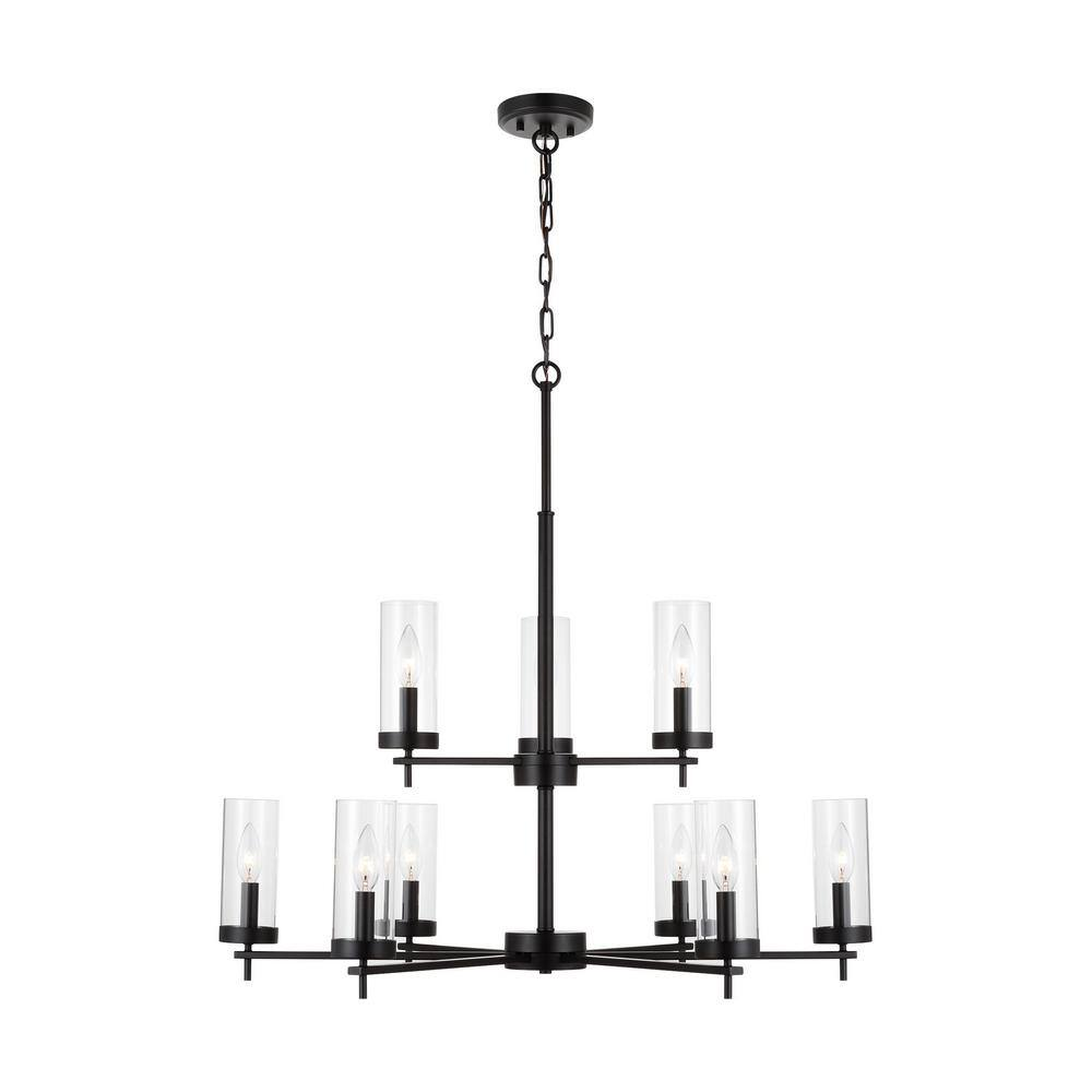 9-Lights Midnight Black Modern Candlestick Chandelier with Clear Glass Shades and Candelabra LED Bulbs