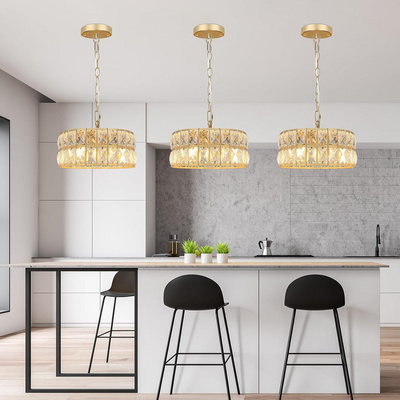 Modern Semi Flush Mount Drum Ceiling Light Fixture Round Gold Crystal Chandeliers for Foyer Entryway Kitchen Island Hallway