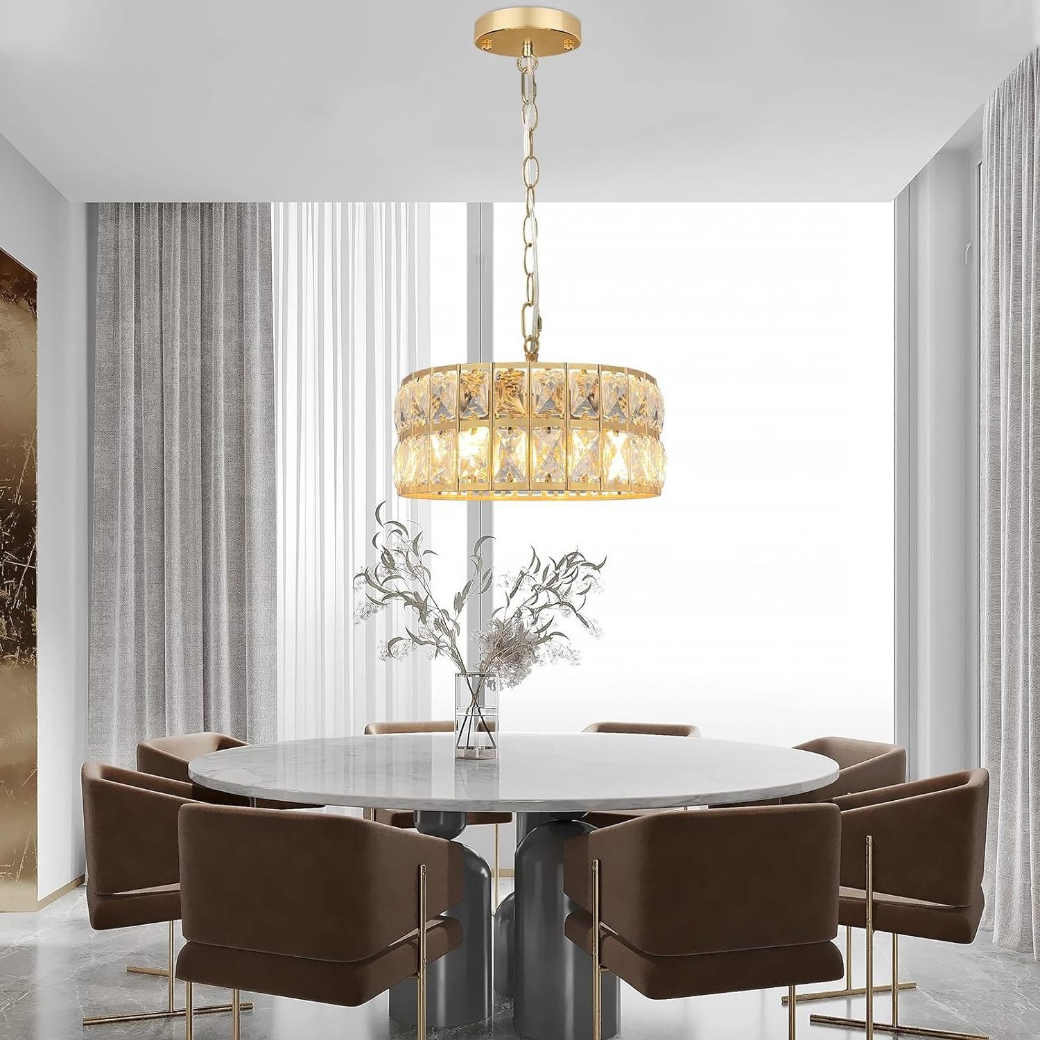 Modern Semi Flush Mount Drum Ceiling Light Fixture Round Gold Crystal Chandeliers for Foyer Entryway Kitchen Island Hallway