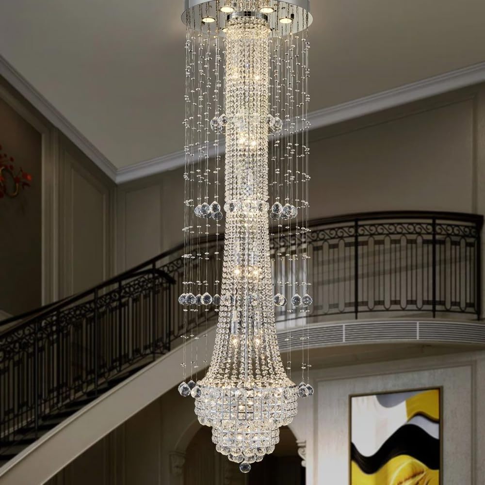 High Ceiling Chandelier Modern Pendant Light Flush Mount Spiral Raindrop K9 Ceiling Light for Living Room Stairs Foyer Entryway