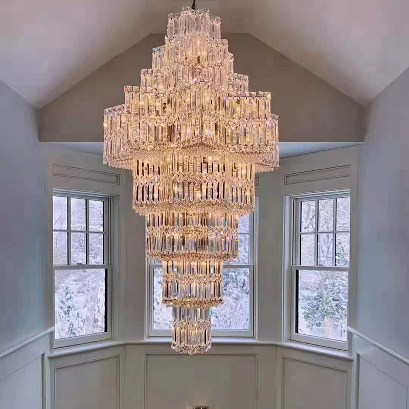 Nordic luxury gold large round stairwell lighting Star crystal chandeliers pendant lights for hotel Banquet Duplex building