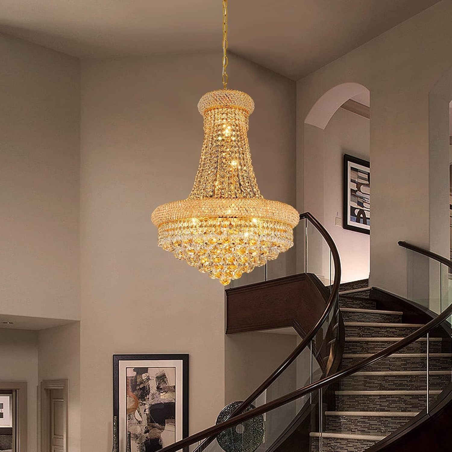 Gold Finish 14 - Light Unique Empire Crystal Chandelier for Foyer Entryway Living Room Dining Room Bedroom