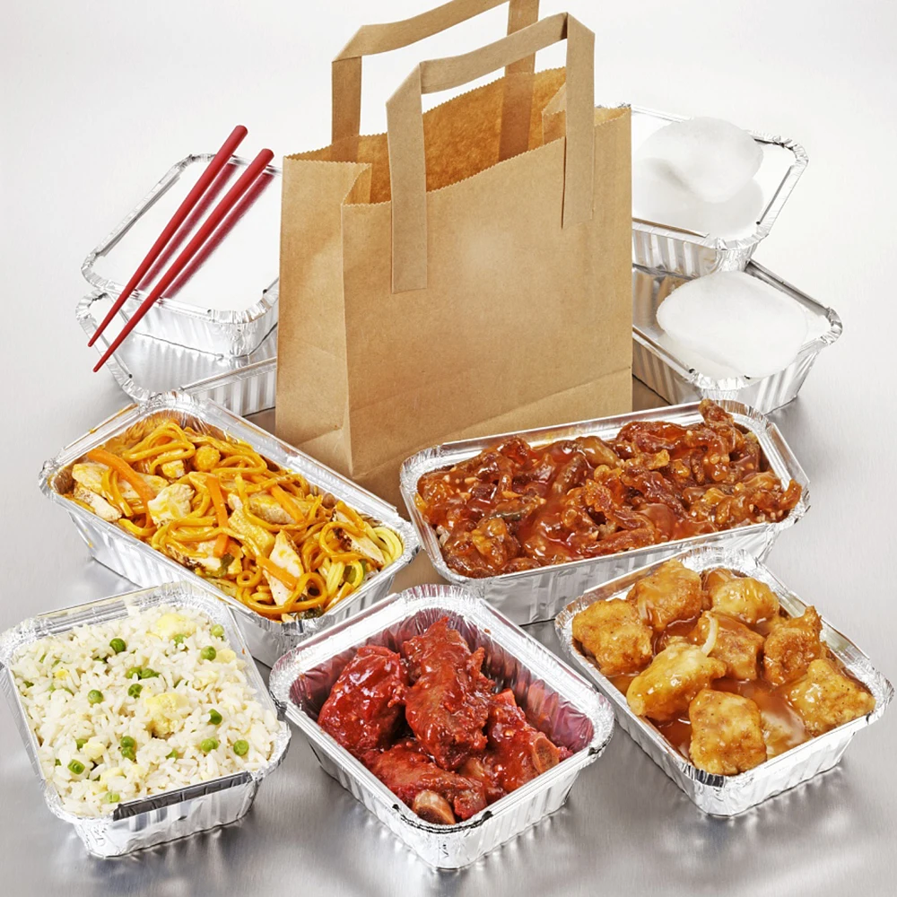 OEM Logo Aluminum Foil Food Container Food Packaging Disposable Small Aluminum Foil Tray Fast Food Bento Box with Lid