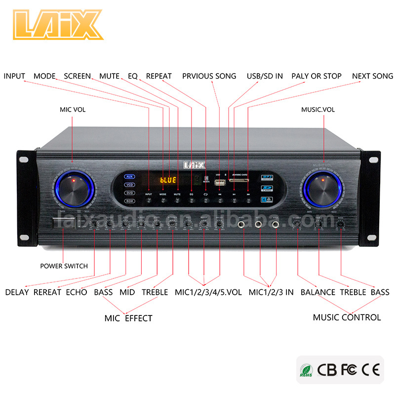 2.0 Audio stereo karaoke DJ BT amplifier with USB/SD/FM/BT Professional Power Amplifier