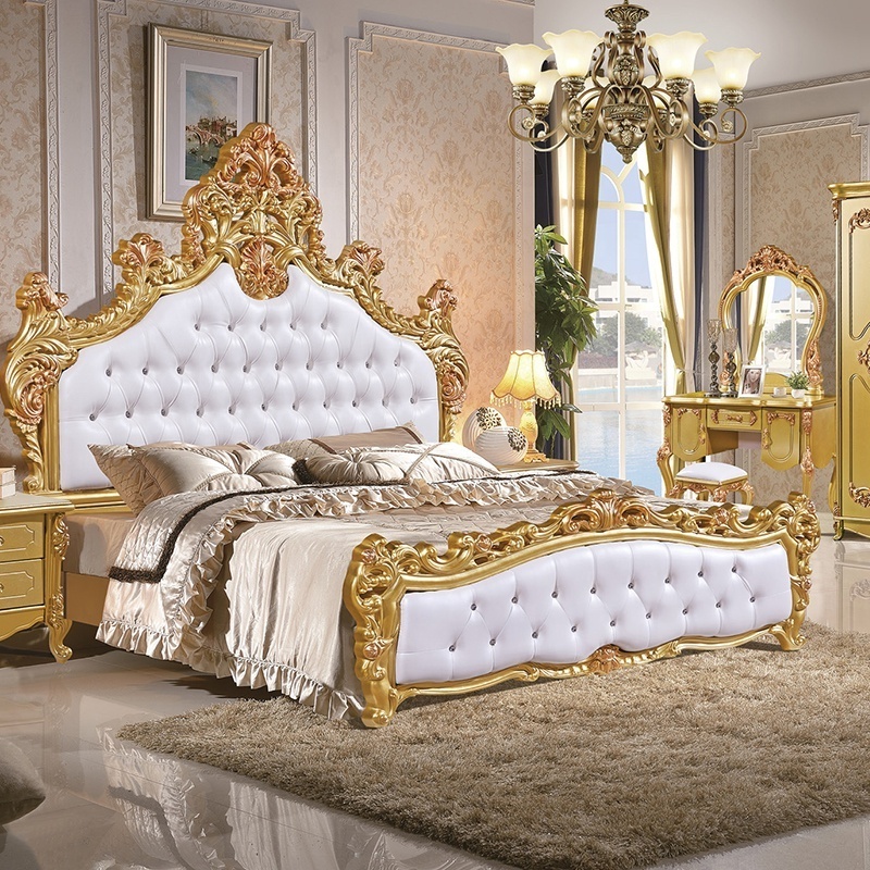 French royal palace king size double bed bedroom gold European furniture set luxury leather princess bed