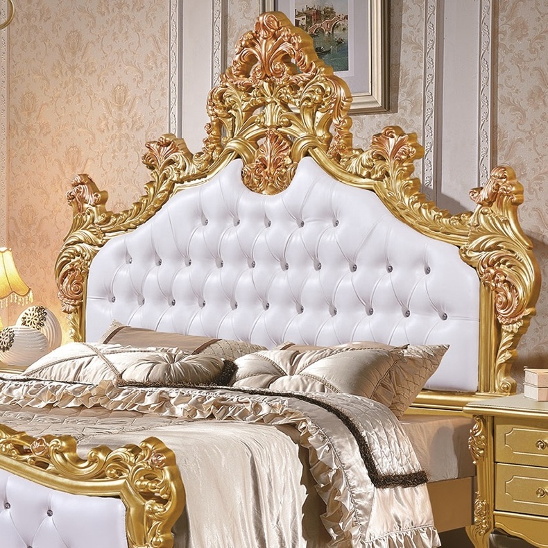 French royal palace king size double bed bedroom gold European furniture set luxury leather princess bed