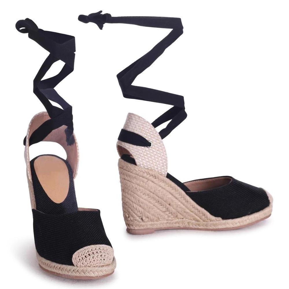 Women high fashionable black closed toe espadrille wedge heel with tie up ankle strap sandals shoes made in China