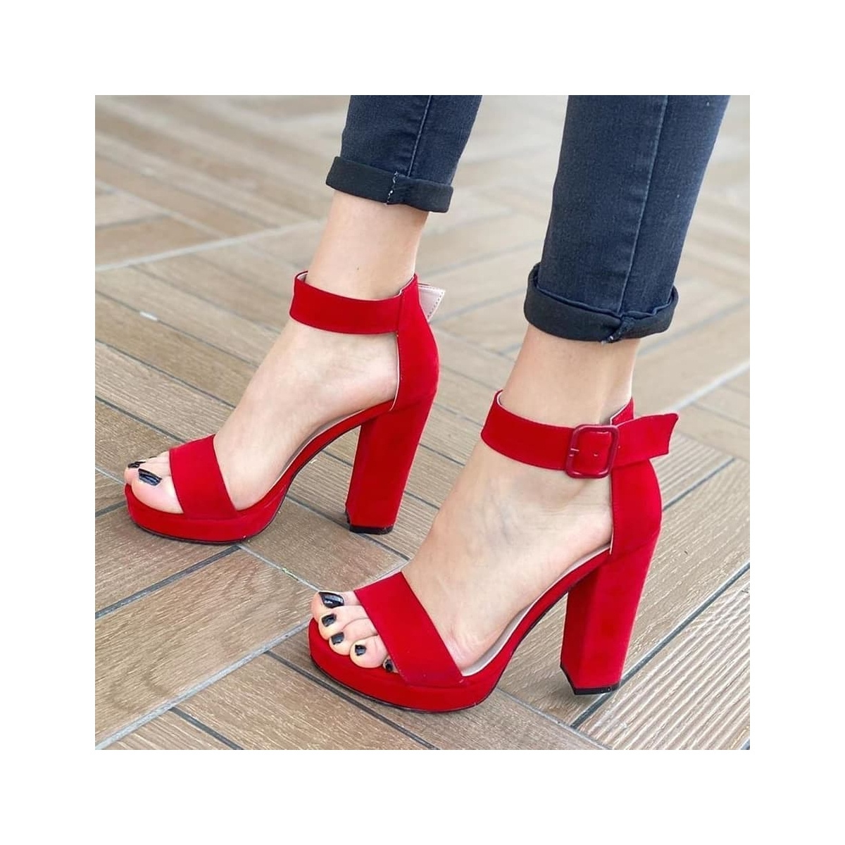 Party color design women latest fancy high block heels platform ankle strap heeled sandals shoes in red black golden & many more